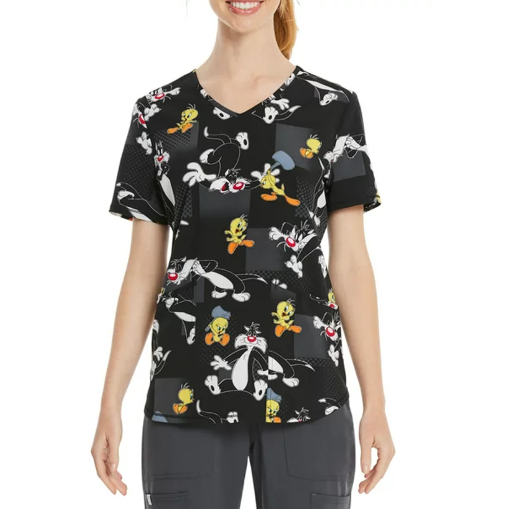 Scrub Star Women's Frien-Emies Scrub Top Looney Toons Tweety Sylvester 2XL
